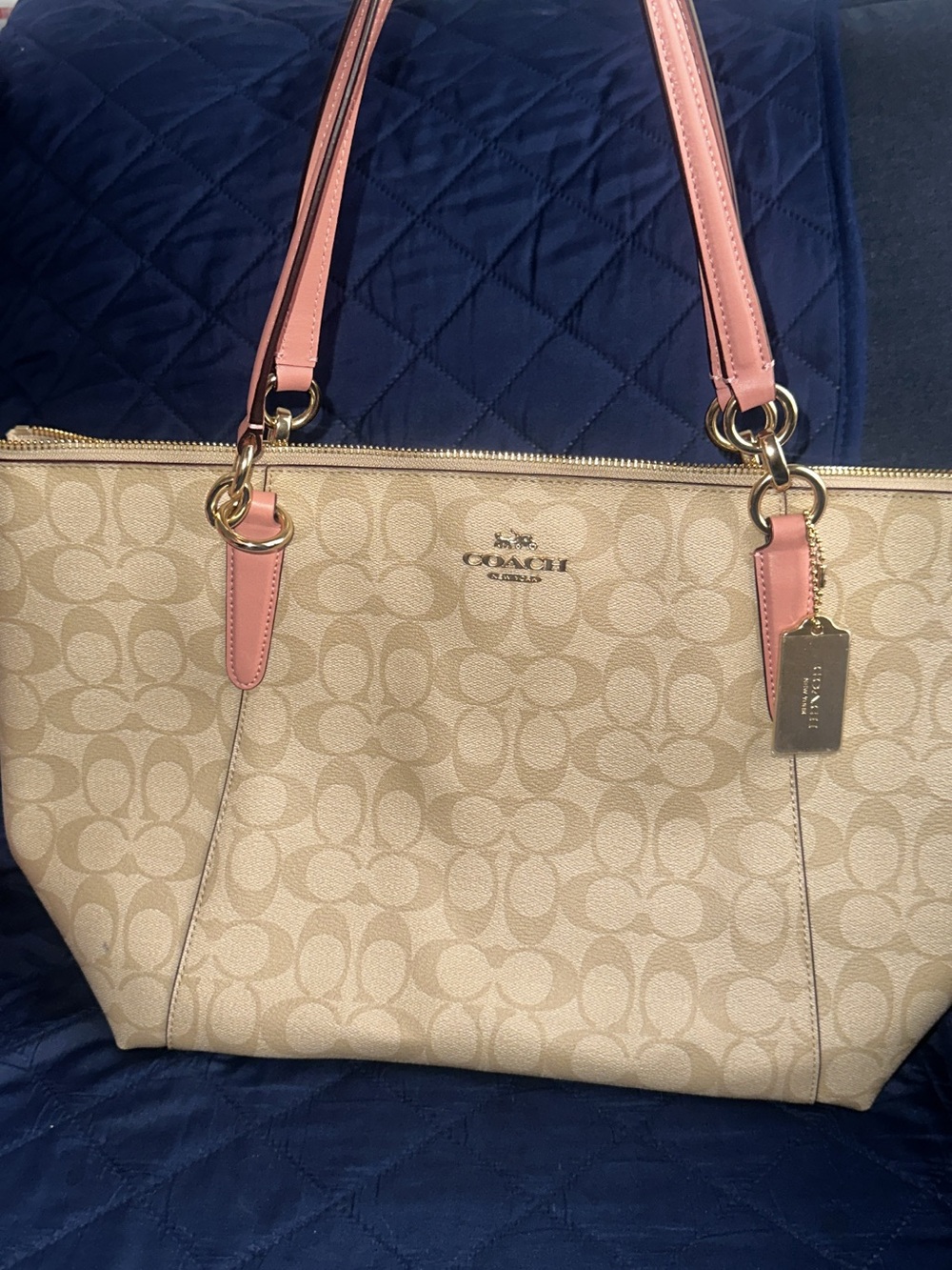 Coach Beige Signature Ava Tote with Pink Handles